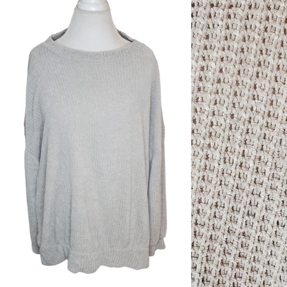Taupe Cream Gray Chenille Knit Cozy Slouchy Oversized Sweater Baggy Neutral L/XL